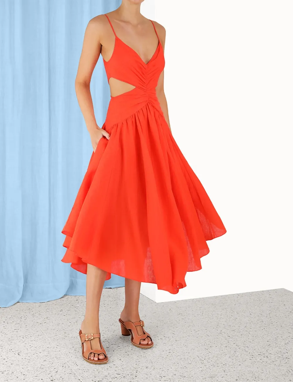 ZIMMERMANN Raie Plunge Cut Out Midi Dress-Women Clothing