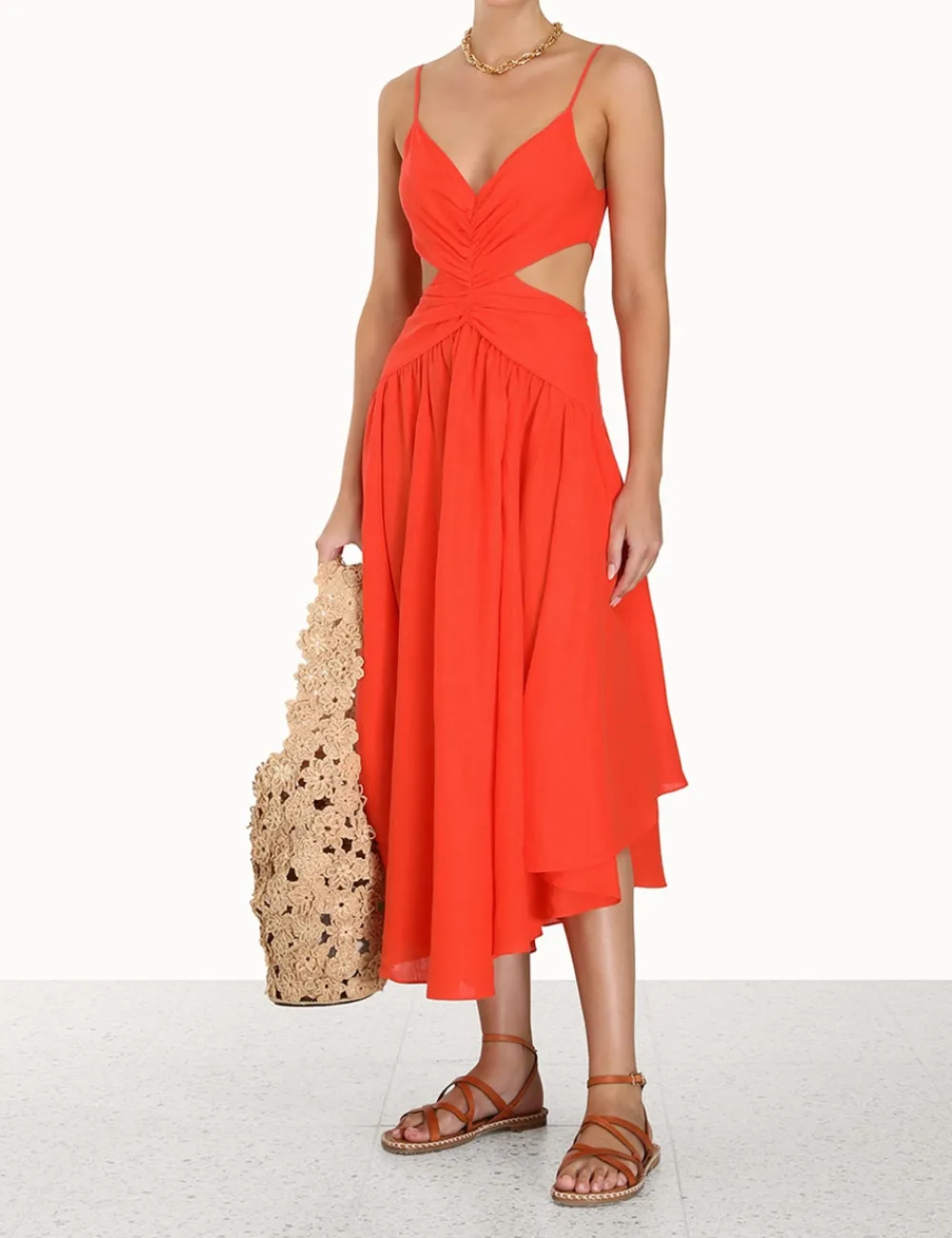 ZIMMERMANN Raie Plunge Cut Out Midi Dress-Women Clothing