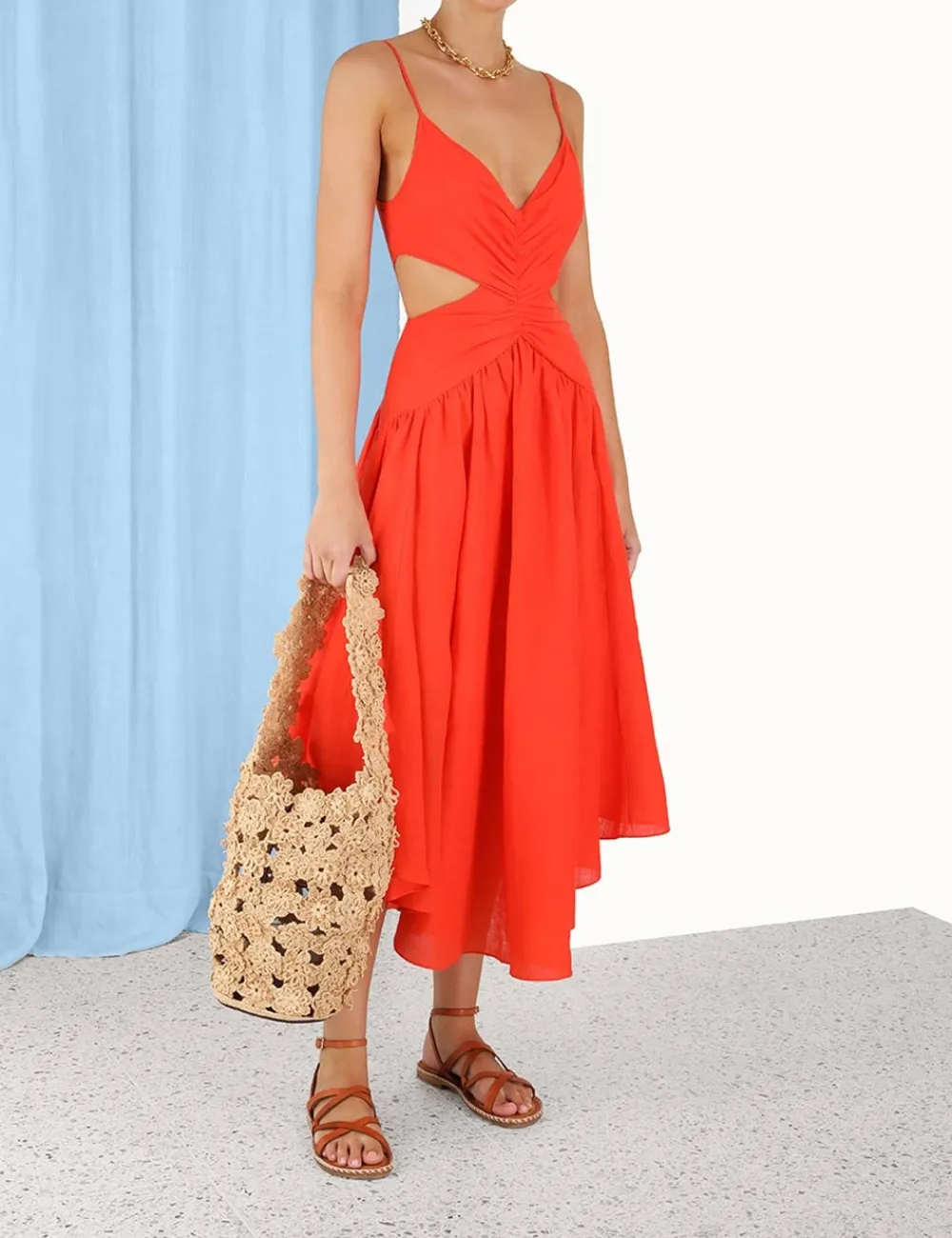 ZIMMERMANN Raie Plunge Cut Out Midi Dress-Women Clothing